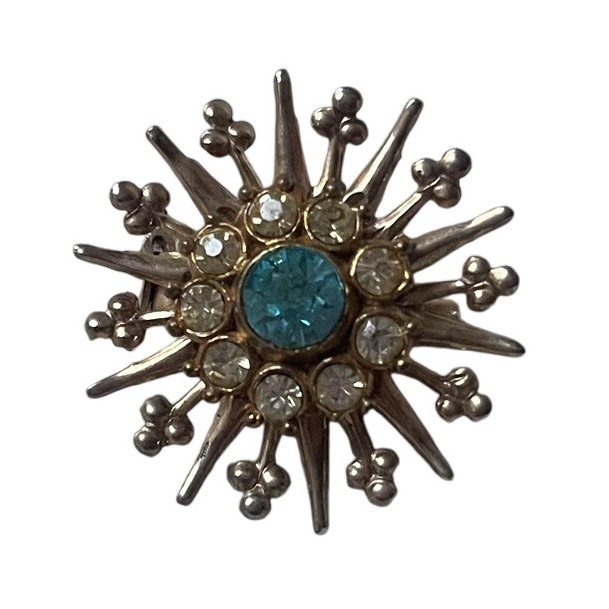 Vintage Turquoise Blue Rhinestone Gold Tone Mcm Atomic Starburst Flower Brooch